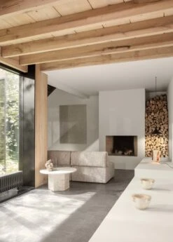 GUBI Epic Coffee Table, Round, 80 Cm, White Travertine 10 GUBI Epic Coffee Table, Round, 80 Cm, White Travertine -Gubi EpicCoffeeTable WonderSofa SemiPendant B 4TableLamp On